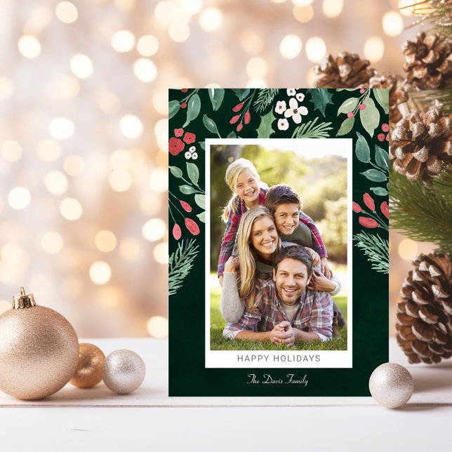 Festive Watercolor Foliage Happy Holidays Holiday Card (Creator Uploaded)