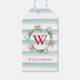 Festive Watercolor Foliage Wreath Stripes Monogram Gift Tags