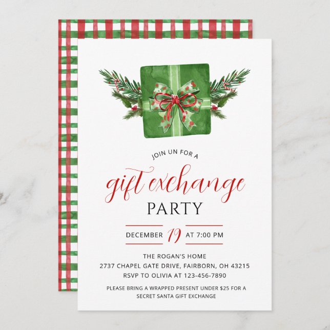 Festive Watercolor Gift Exchange Christmas Party Invitation (Front/Back)