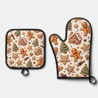 Festive Watercolor Gingerbread Christmas Pattern Oven Mitt & Pot Holder Set