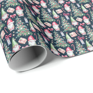 Festive Watercolor Gnome Christmas Tree  Wrapping Paper