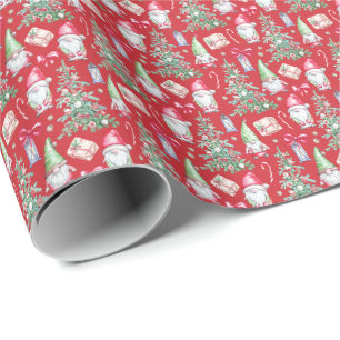 Festive Watercolor Gnome Christmas Tree Wrapping Paper