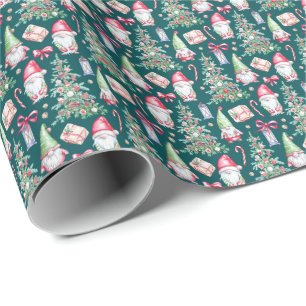 Festive Watercolor Gnome Christmas Tree  Wrapping Paper