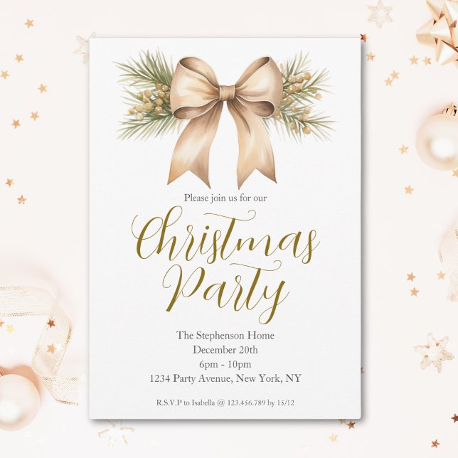 Festive Watercolor Gold Bow Christmas Party Invitation (Creator Uploaded)