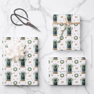 Festive Watercolor Green Front Door Pattern Wrapping Paper Sheet