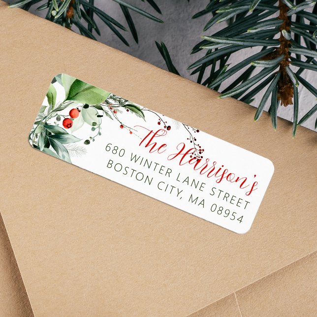 Festive Watercolor Greenery Christmas Address (Festive Watercolor Greenery Christmas Label)