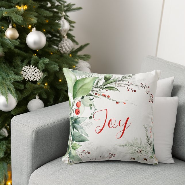 Festive Watercolor Greenery Christmas Joy Cushion (Festive Watercolor Greenery Christmas Joy Throw Pillow)