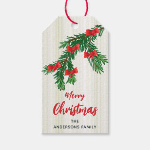 Festive Watercolor Greenery Red Bow Christmas Gift Tags