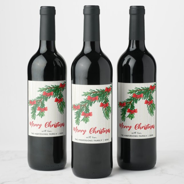 Festive Watercolor Greenery Red Bow Christmas Wine Label (Bottles)