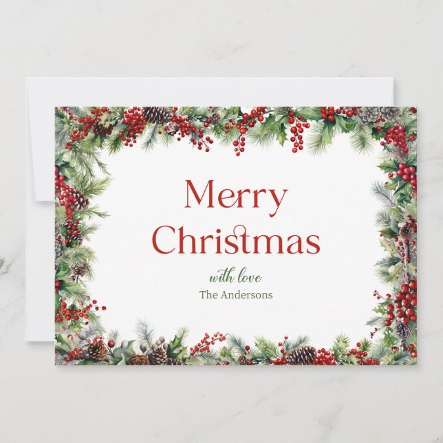Festive watercolor greenery with red holly berries holiday card (Front)