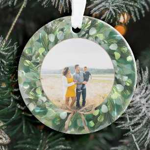 Festive Watercolor Greenery Wreath Family Photo Ornament
