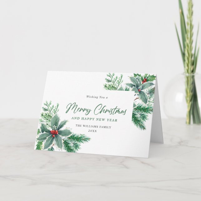 Festive Watercolor Holly Berry Christmas Greeting Holiday Card (Front)