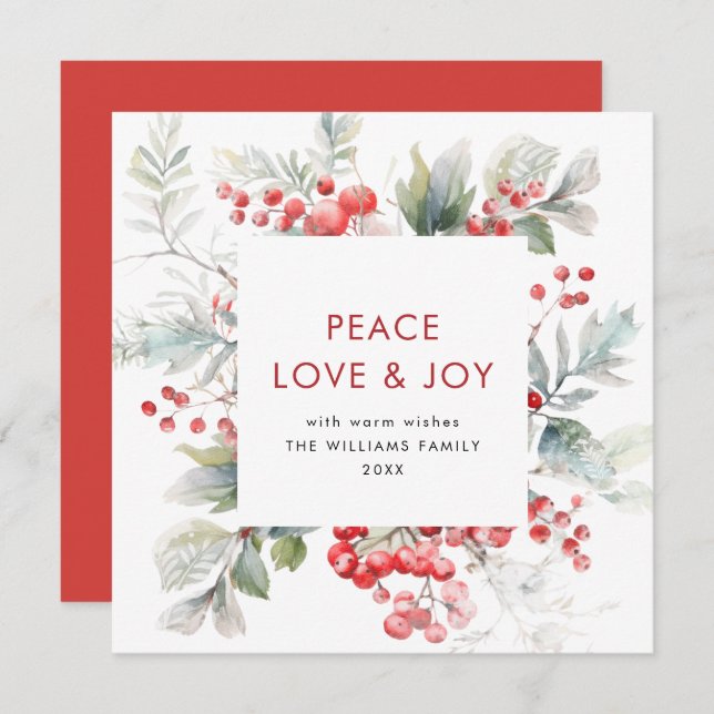 Festive Watercolor Holly Berry Christmas Holiday Card (Front/Back)