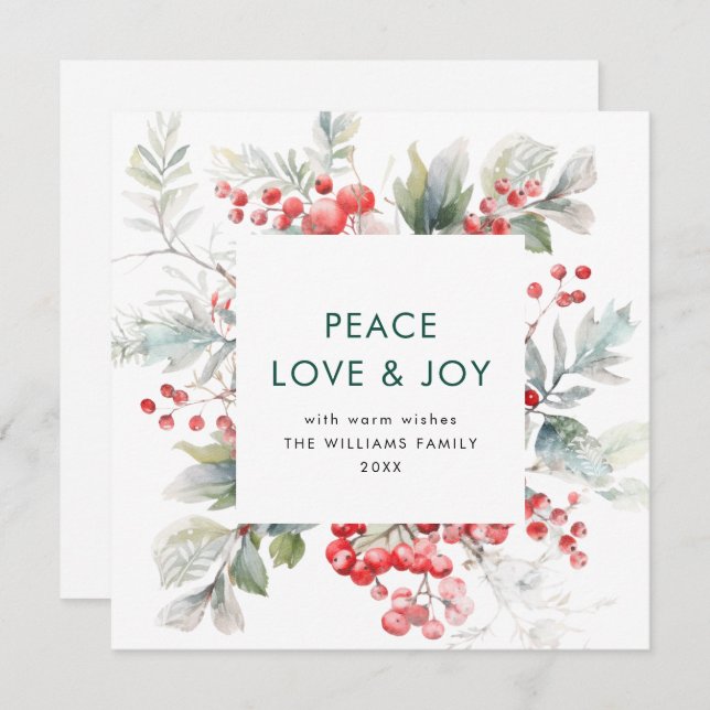 Festive Watercolor Holly Berry Christmas  Modern Holiday Card (Front/Back)