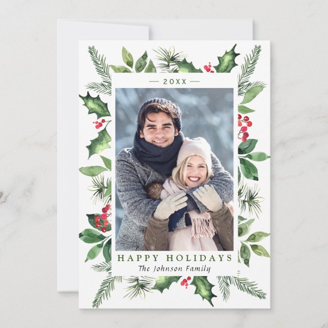 Festive Watercolor Holly Berry Christmas PHOTO Holiday Card (Front)