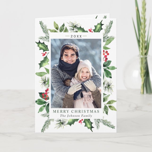Festive Watercolor Holly Berry Christmas PHOTO Holiday Card (Front)