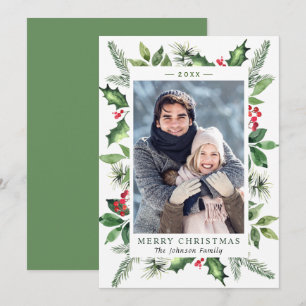 Festive Watercolor Holly Berry Christmas PHOTO Holiday Card