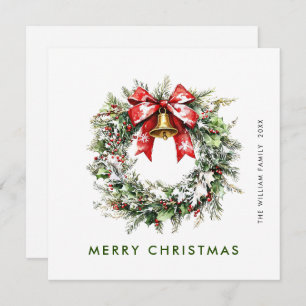 Festive Watercolor Holly Berry Pine Wreath Holiday Card