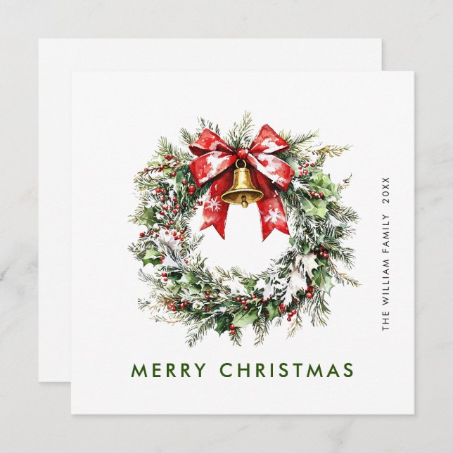 Festive Watercolor Holly Berry Pine Wreath Holiday Card (Front/Back)