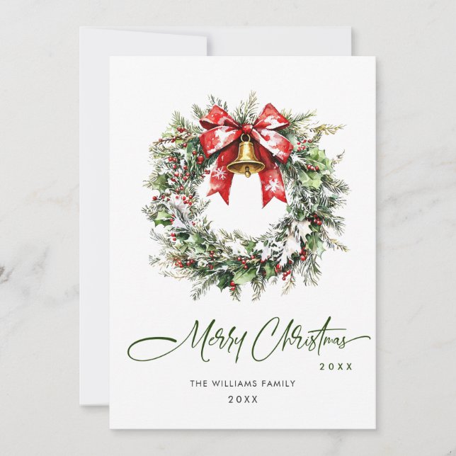 Festive Watercolor Holly Berry Pine Wreath Holiday Card (Front)
