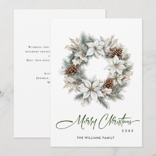 Festive Watercolor Holly Berry Pine Wreath Holiday Card
