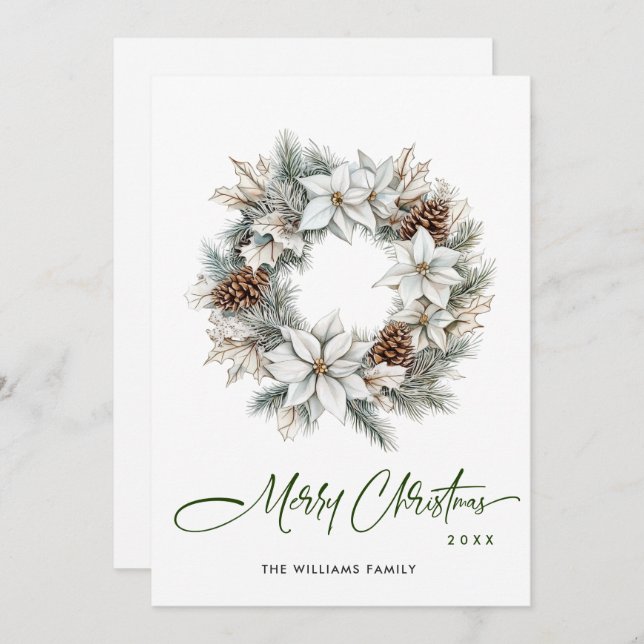 Festive Watercolor Holly Berry Pine Wreath Holiday Card (Front/Back)