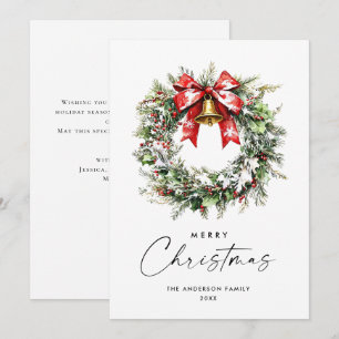 Festive Watercolor Holly Berry Pine Wreath Holiday Card