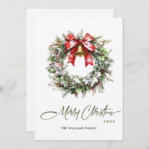 Festive Watercolor Holly Berry Pine Wreath Holiday Card