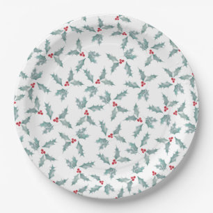 Festive Watercolor Holly Paper Plate