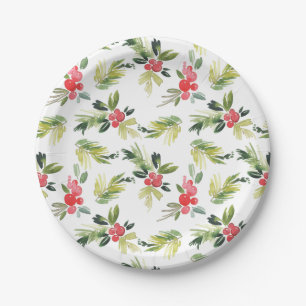 Festive Watercolor Holly Pattern Christmas Paper Plate