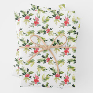Festive Watercolor Holly Pattern Christmas Wrapping Paper Sheet