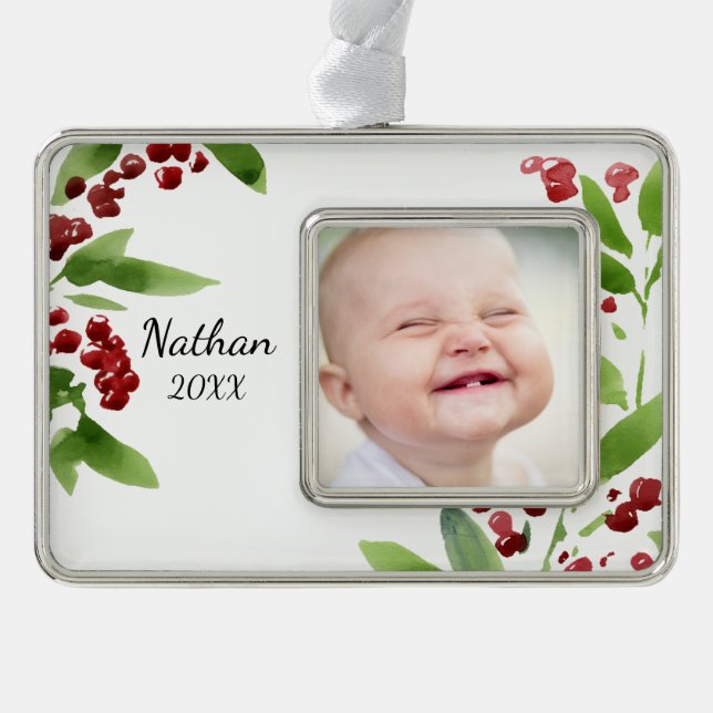 Festive Watercolor Holly Silver Plated Framed Ornament (Front)