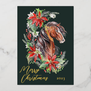 Festive Watercolor Horse Equestrian Christmas Foil Holiday Card