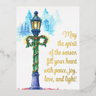 Festive Watercolor Lamp Post Christmas Foil Holiday Postcard