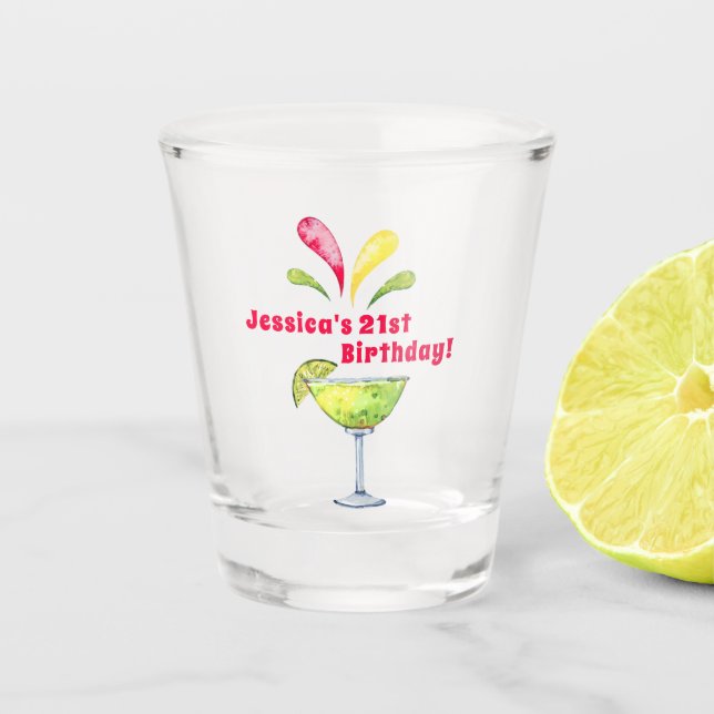 Festive Watercolor Margarita | 21st Birthday Shot Glass (Front)