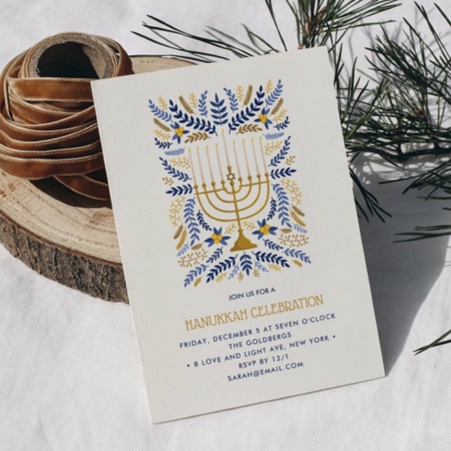 Festive Watercolor Menorah Floral Hanukkah PARTY Invitation (Hanukkah party invitation featuring gold menorah and candles and foliage in blue gold and white)