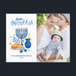 Festive Watercolor Menorah Happy Hanukkah Photo Holiday Postcard<br><div class="desc">Happy Hanukkah! Send Hanukkah wishes to family and friends with this customizable photo postcard. It features watercolor illustrations of Hanukkah symbols such as Hanukkiah or menorah,  sufganiyot,  olives and dreidel. Personalize by adding names and a photo.</div>