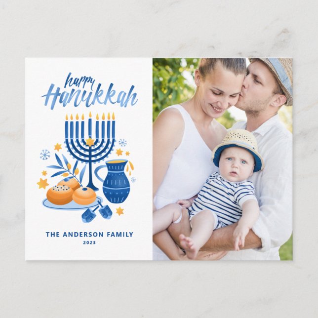 Festive Watercolor Menorah Happy Hanukkah Photo Holiday Postcard (Front)