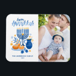Festive Watercolor Menorah Happy Hanukkah Photo Magnet<br><div class="desc">Happy Hanukkah! Send Hanukkah wishes to family and friends with this customisable photo magnet. It features watercolor illustrations of Hanukkah symbols such as Hanukkiah or menorah,  sufganiyot,  olives and dreidel. Personalise by adding names and a photo.</div>
