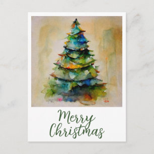 Festive Watercolor Merry Christmas Tree Artistic Holiday Postcard