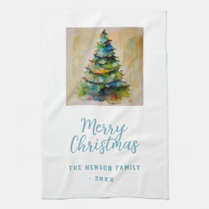 Festive Watercolor Merry Christmas Tree Artistic Tea Towel