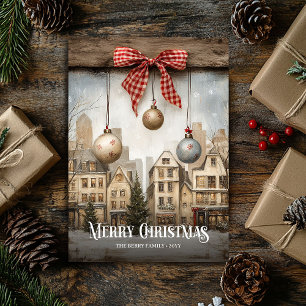 Festive Watercolor Neutral Colors Christmas Scene Holiday Card
