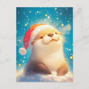 Festive Watercolor Otter Santa Hat Postcard