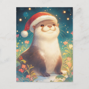 Festive Watercolor Otter Santa Hat Postcard