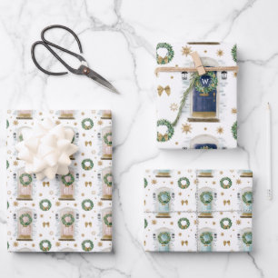 Festive Watercolor Pink, Blue & Navy Front Door Wrapping Paper Sheet