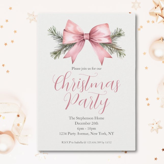 Festive Watercolor Pink Bow Christmas Party Invitation (Creator Uploaded)