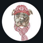 Festive Watercolor Pitbull Christmas Classic Round Sticker<br><div class="desc">Happy Howlidays! Add a festive accent to your cards,  invitations and envelopes with this customisable holiday sticker.  It features a watercolor pitbull wearing a knitted hat and scarf. Personalise this pitbull holiday sticker by adding your details. This dog Christmas sticker is available on other cardstock.</div>