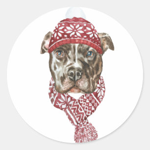 Festive Watercolor Pitbull Christmas Classic Round Sticker