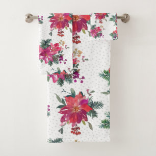 Festive Watercolor Poinsettias & Sage Polka Dots Bath Towel Set