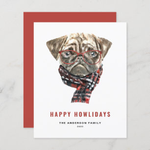 Festive Watercolor Pug Happy Howlidays Card
